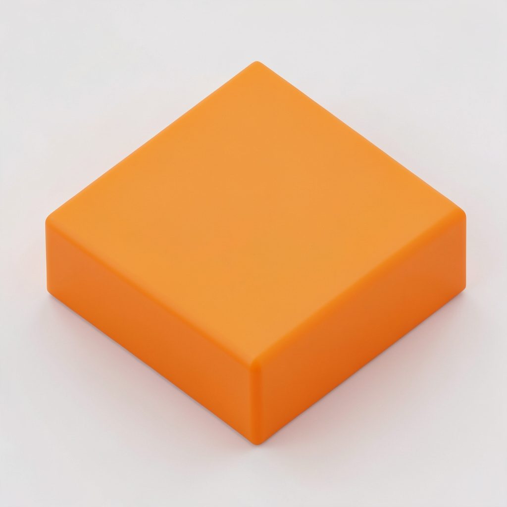 Isometric 3D render of a servo press fitting station in muted grey and orange on white, editorial mood.