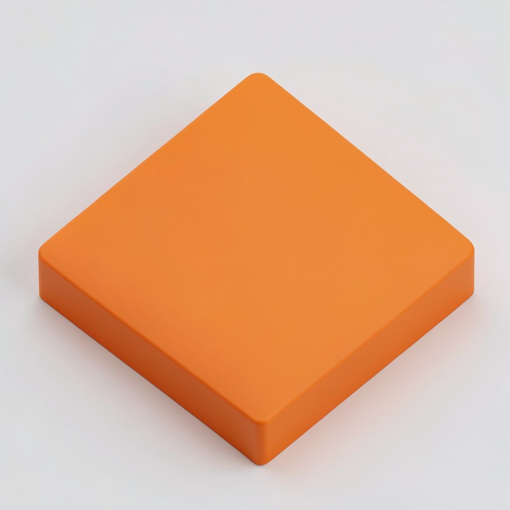 Isometric 3D render of a servo press fitting machine in steel-grey and burnt-orange on a clean white background, calm technical mood.